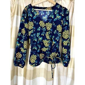 J. Crew Navy Blue Floral Long Sleeve Wrap Blouse Sz 6 EUC // office / dressy